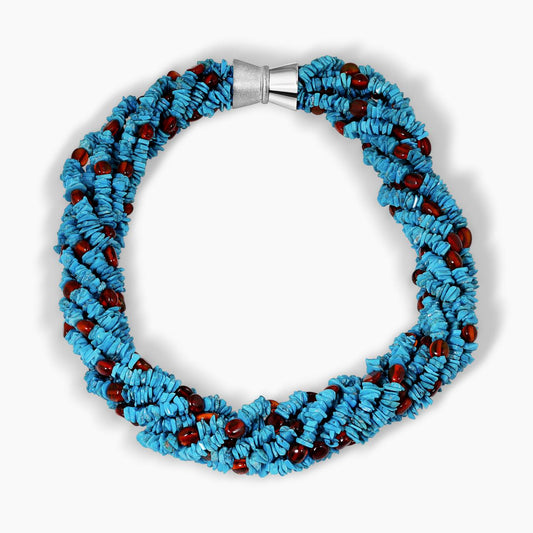 Turquoise and Amber 8 rows beads necklace ended with a silver magnetic clasp from the Carmela Cerrone Collection