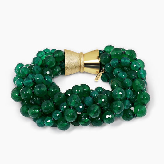 Green agate faceted beads 6 rows bracelet with a gold plated magnetic clasp from the Carmela Cerrone Collection
