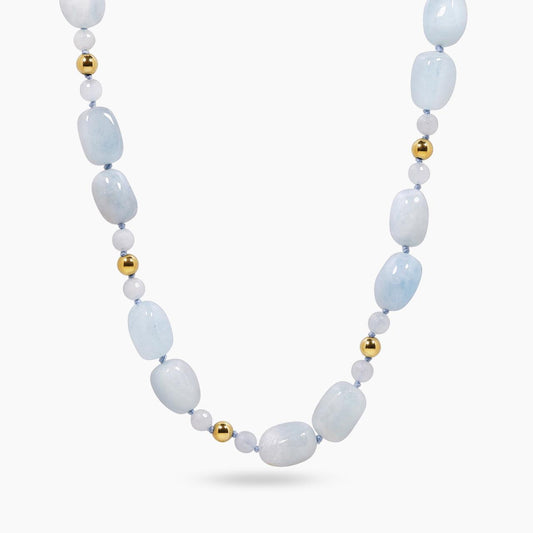 Long aquamarine and gold plated hematite necklace from Carmela Cerrone collection