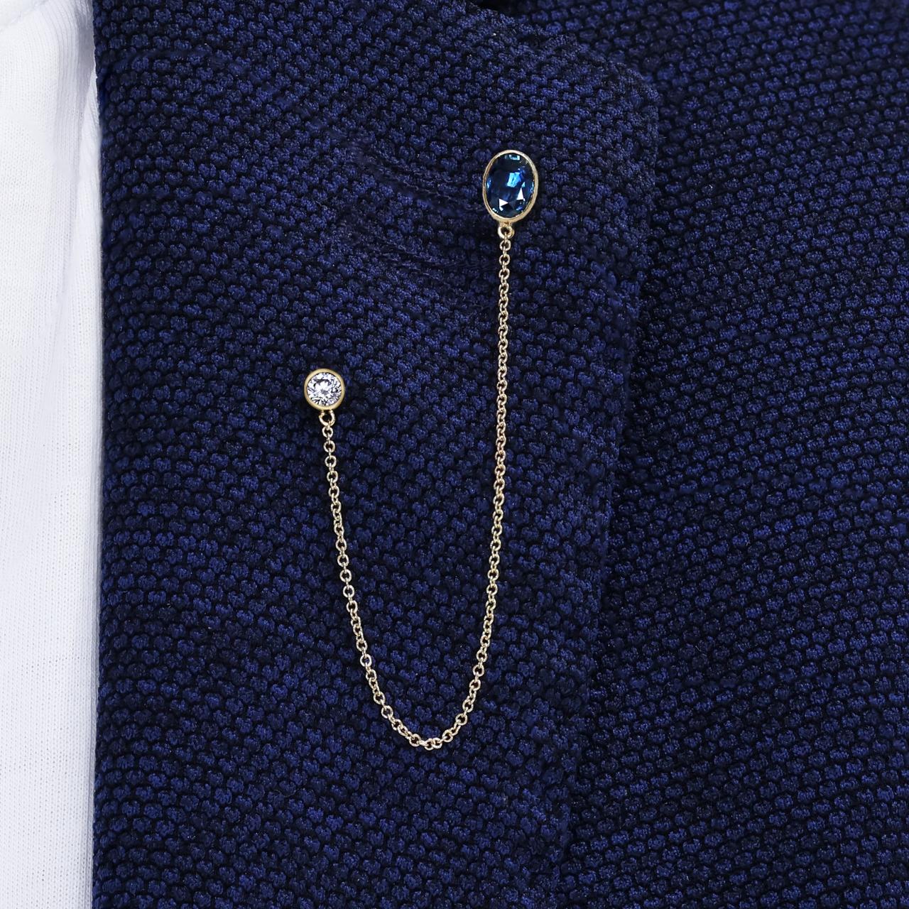 18ct yellow gold oval blue sapphire and round brilliant cut LAB Grown Diamond brooch