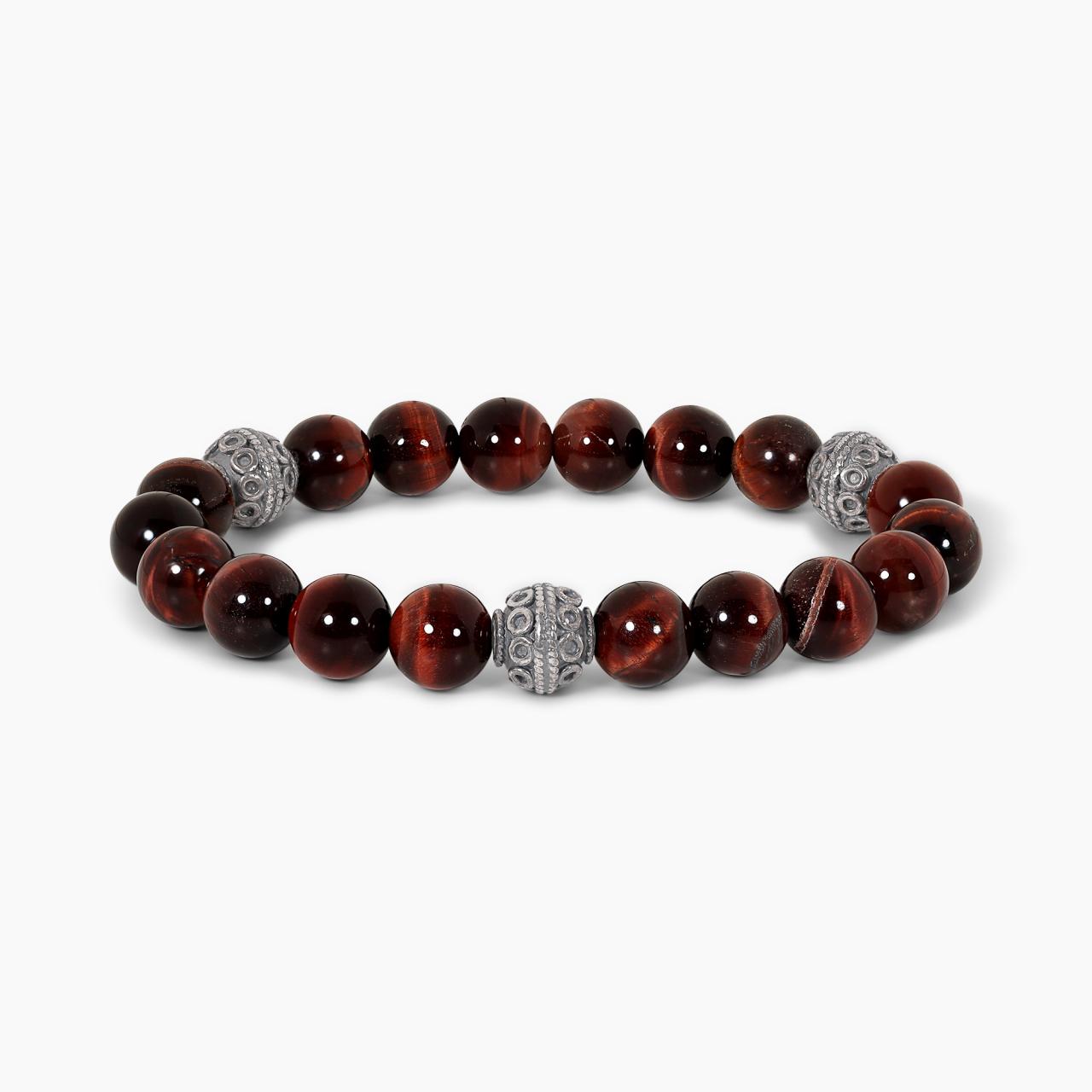 Red tiger eye and silver bead stretch bracelet