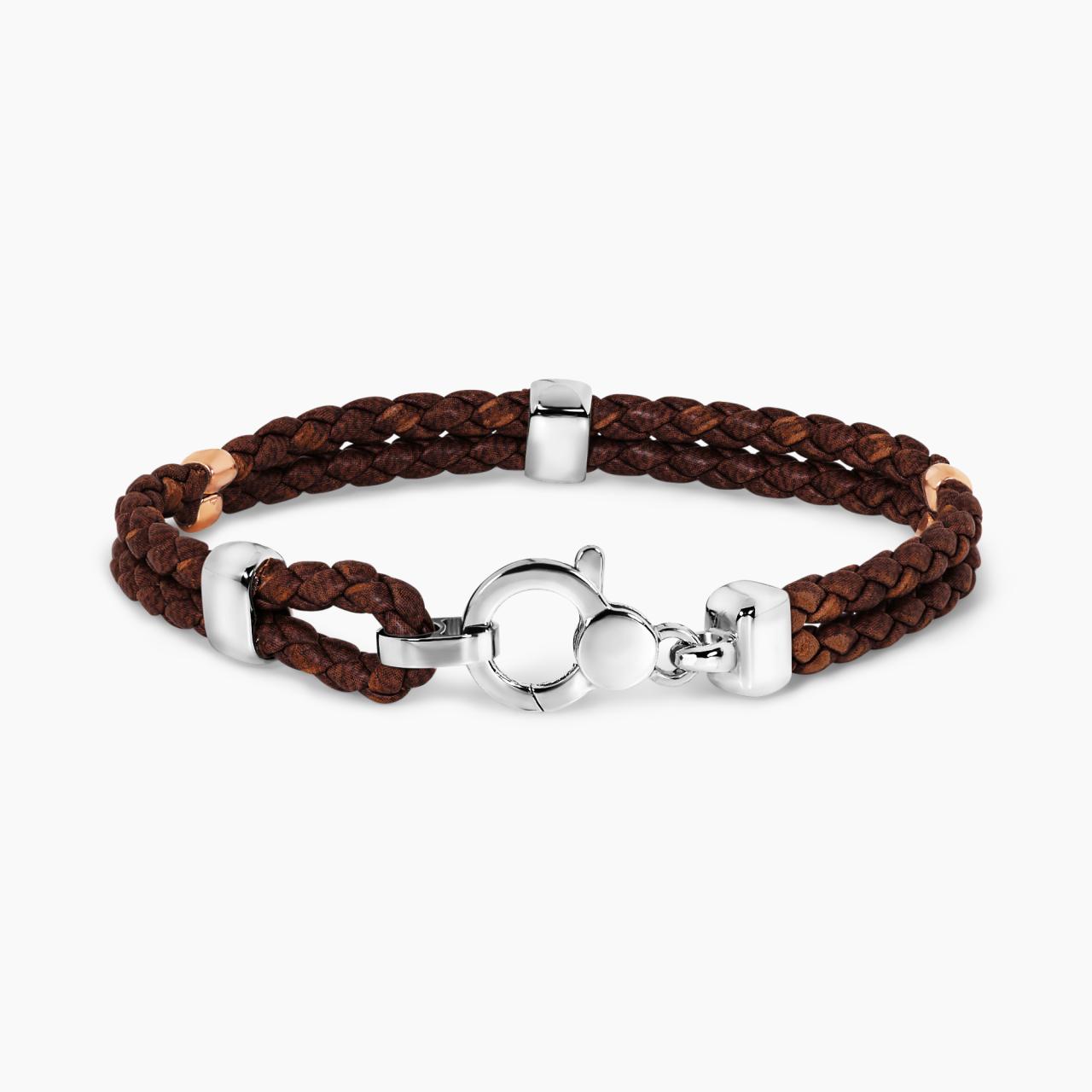 Bicolour plated silver braided brown leather bracelet 20cm