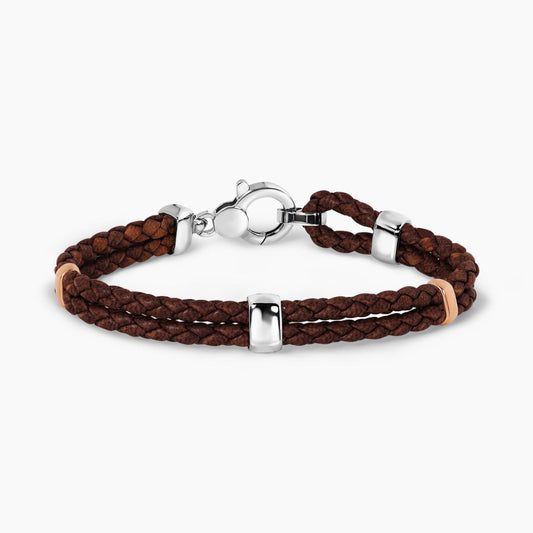 Bicolour plated silver braided brown leather bracelet 20cm