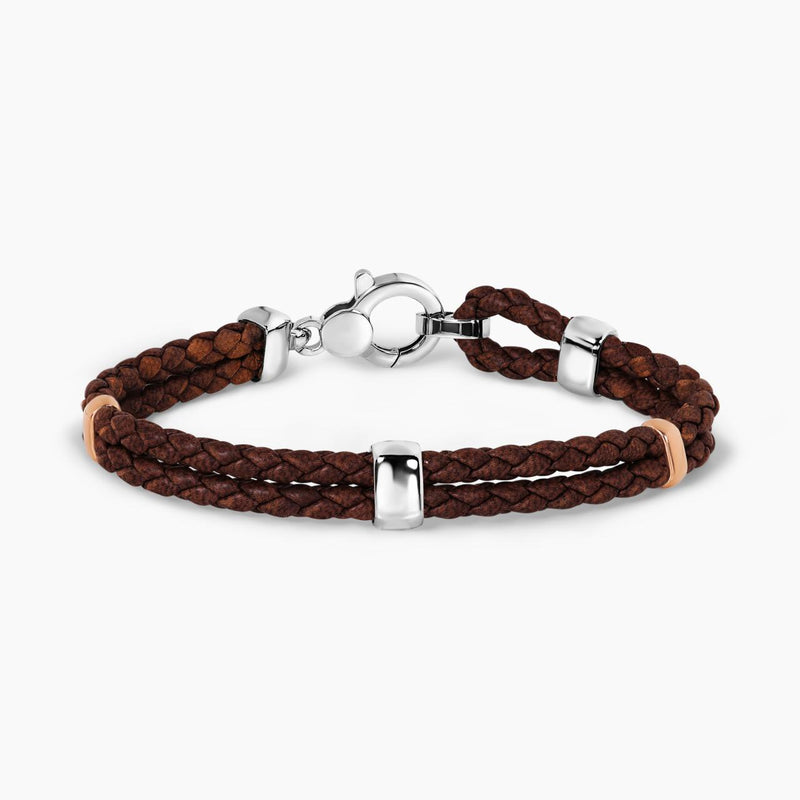 Bicolour plated silver braided brown leather bracelet 20cm