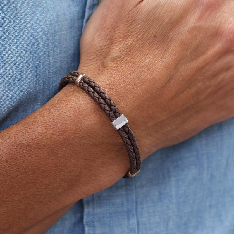 Bicolour plated silver braided brown leather bracelet 20cm on the wrist