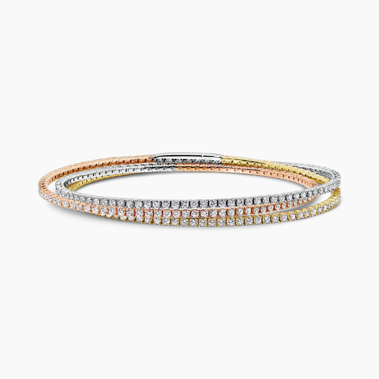 18ct rose, yellow and white gold three layered diamond claw set bangle