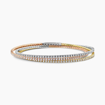 18ct rose, yellow and white gold three layered diamond claw set bangle