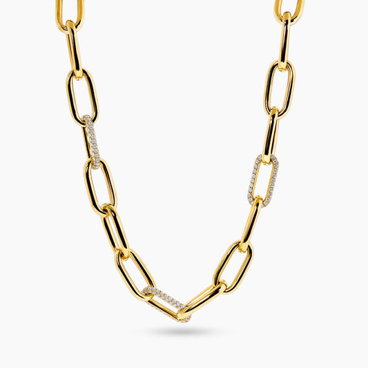 18ct yellow gold diamond pave set oval paperclip link necklace 45cm