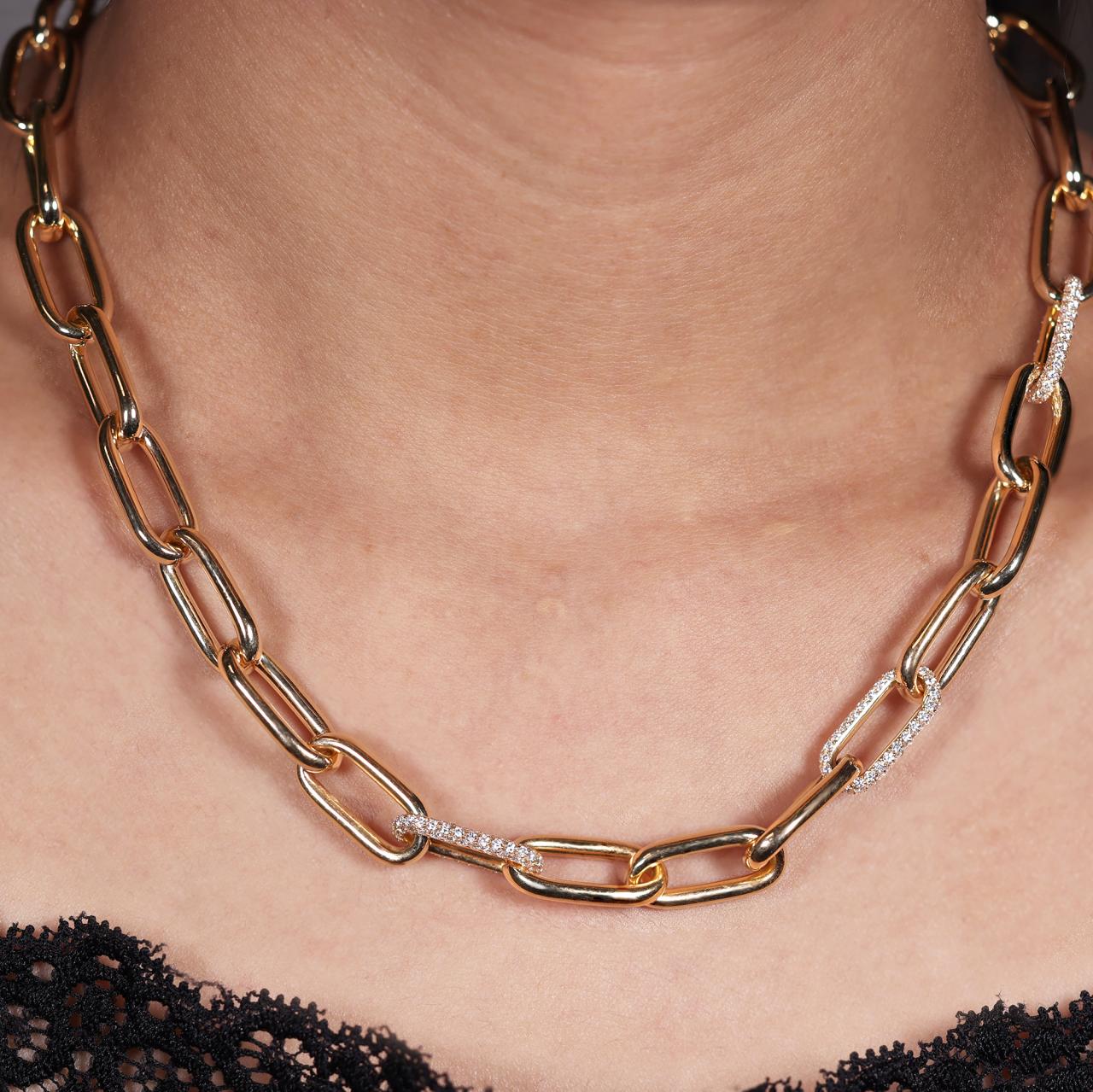 18ct yellow gold diamond pave set oval paperclip link necklace 45cm on the neck