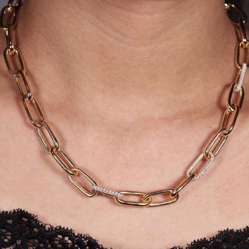 18ct yellow gold diamond pave set oval paperclip link necklace 45cm on the neck