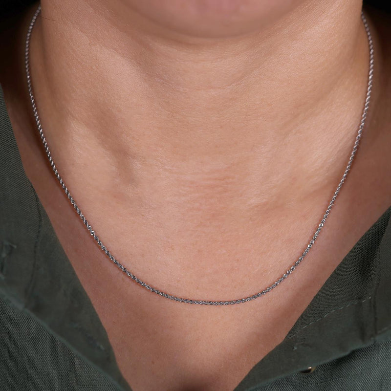 Platinum 45cm rope chain with a lobster clasp on the neck