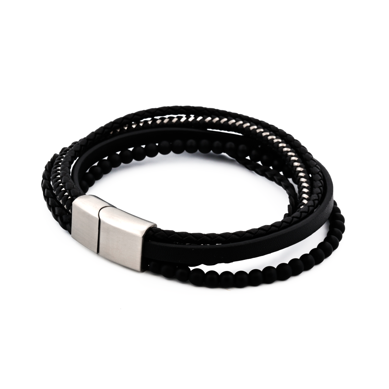 Black Agate and Multi Strand Leather Bracelet 21.5cm