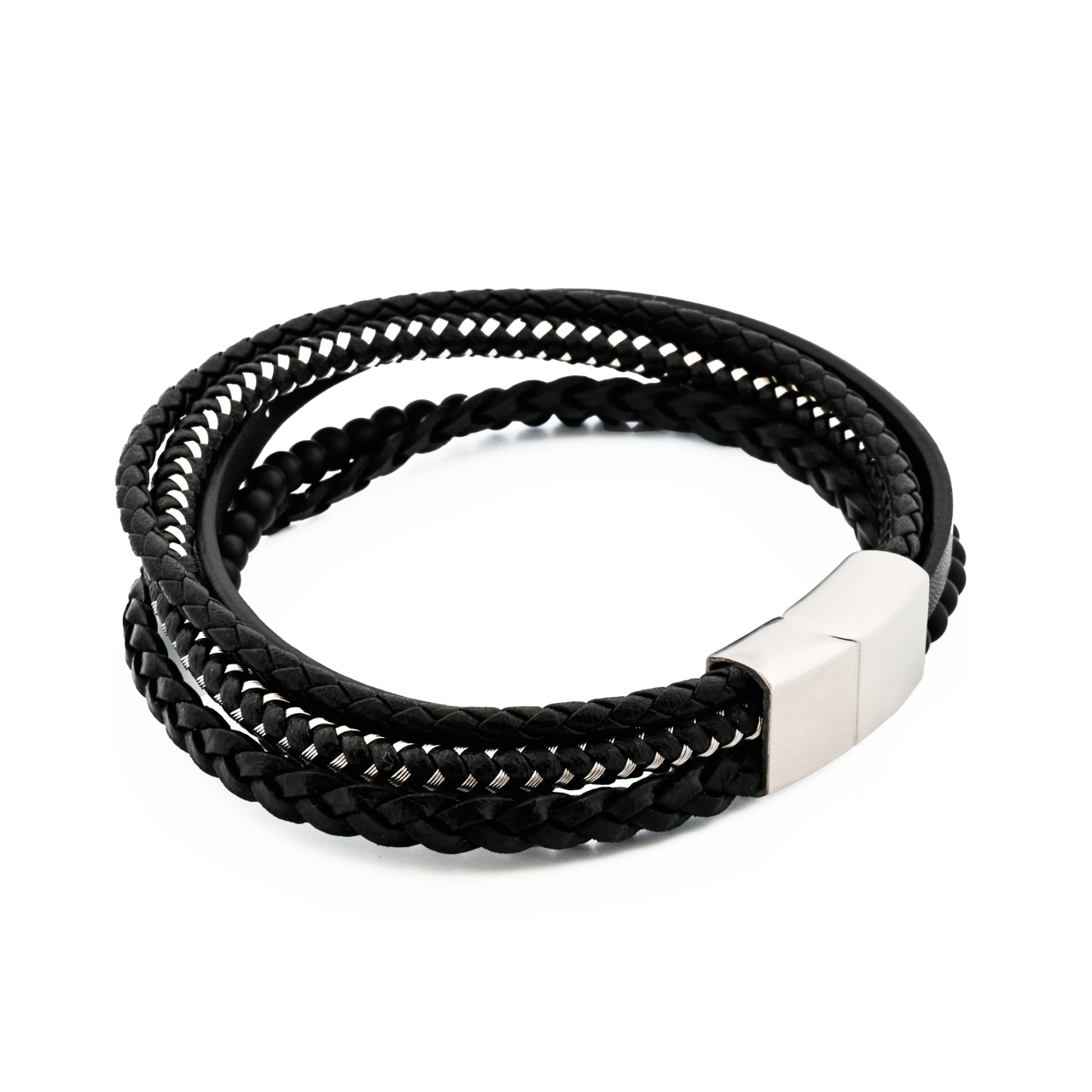Black Agate and Multi Strand Leather Bracelet 21.5cm
