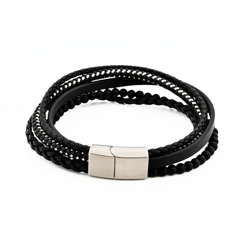 Black Agate and Multi Strand Leather Bracelet 21.5cm