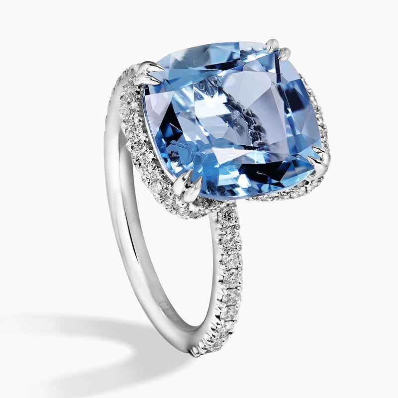 Platinum cushion cut Mozambique aquamarine and diamond ring side view