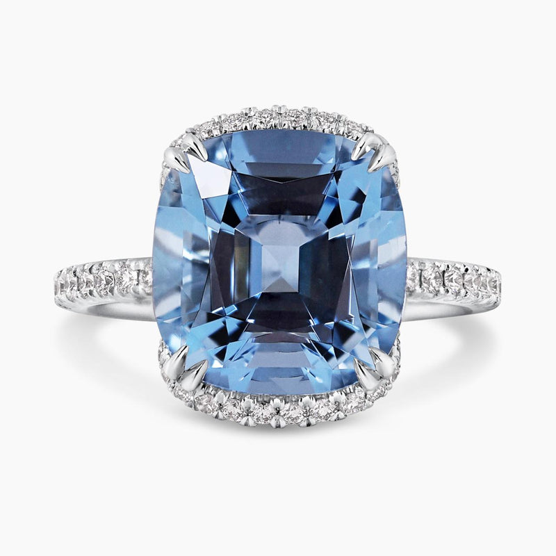 Platinum cushion cut Mozambique aquamarine and diamond ring