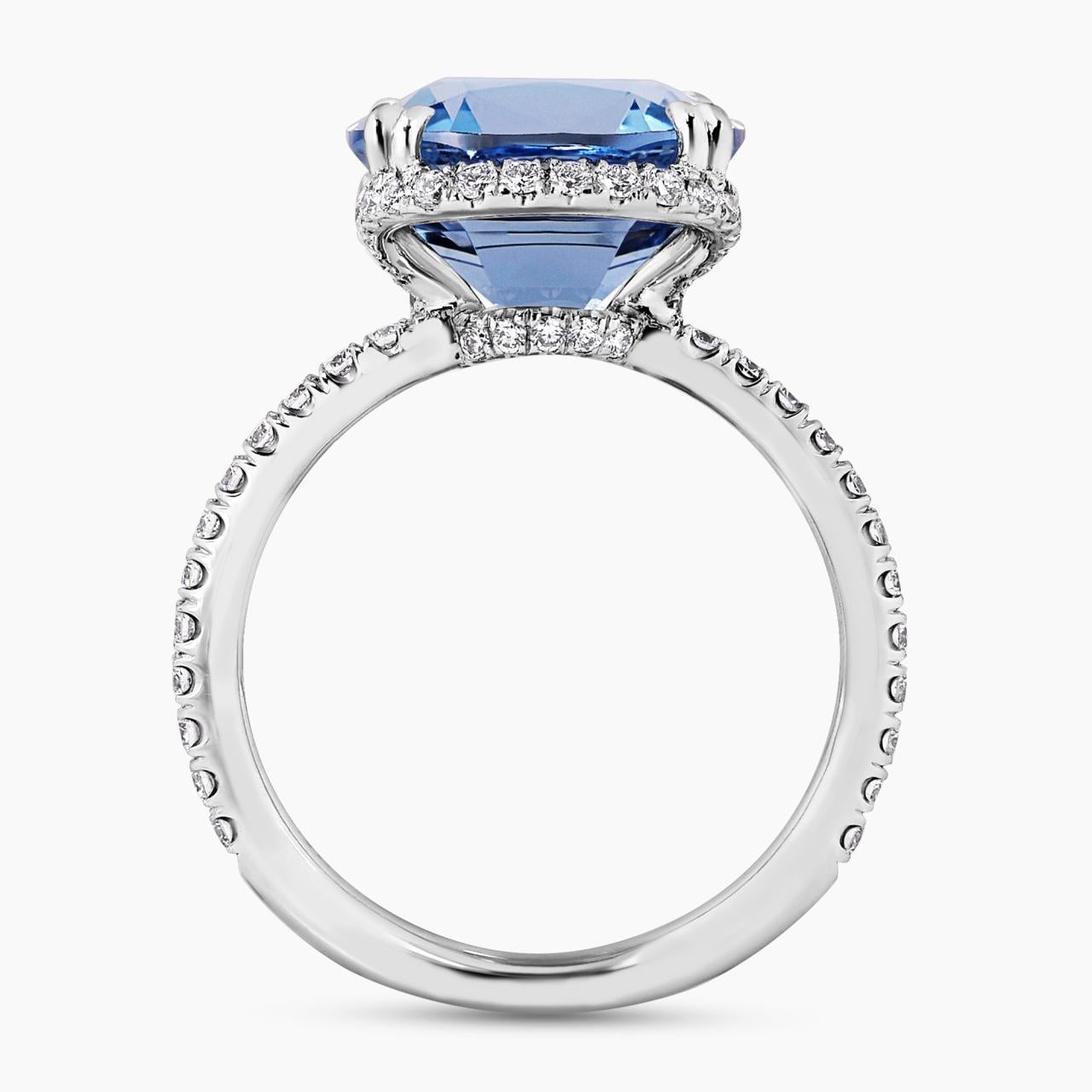 Platinum cushion cut Mozambique aquamarine and diamond ring side profile