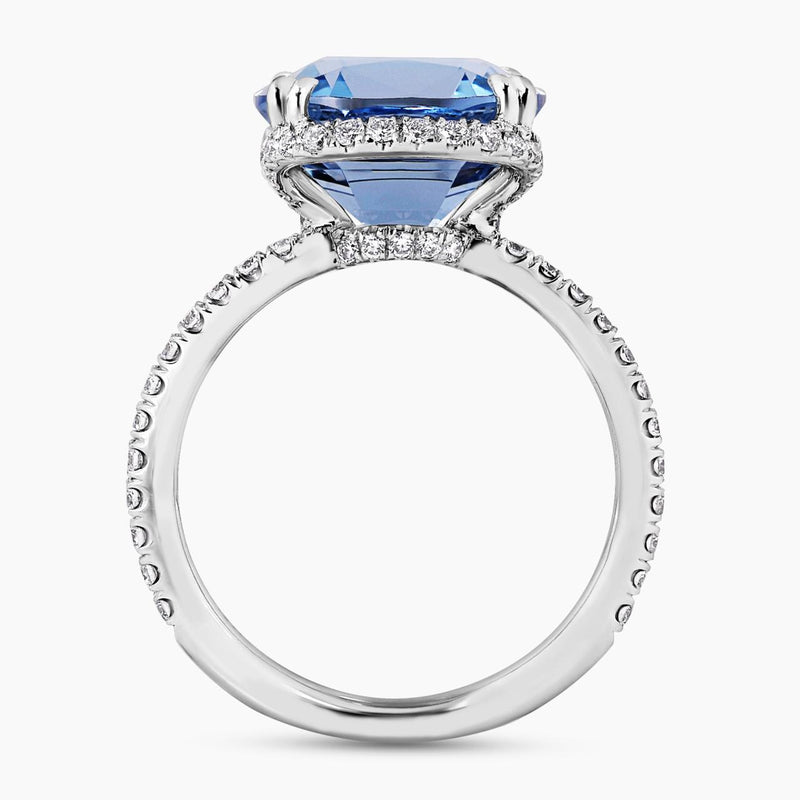 Platinum cushion cut Mozambique aquamarine and diamond ring side profile