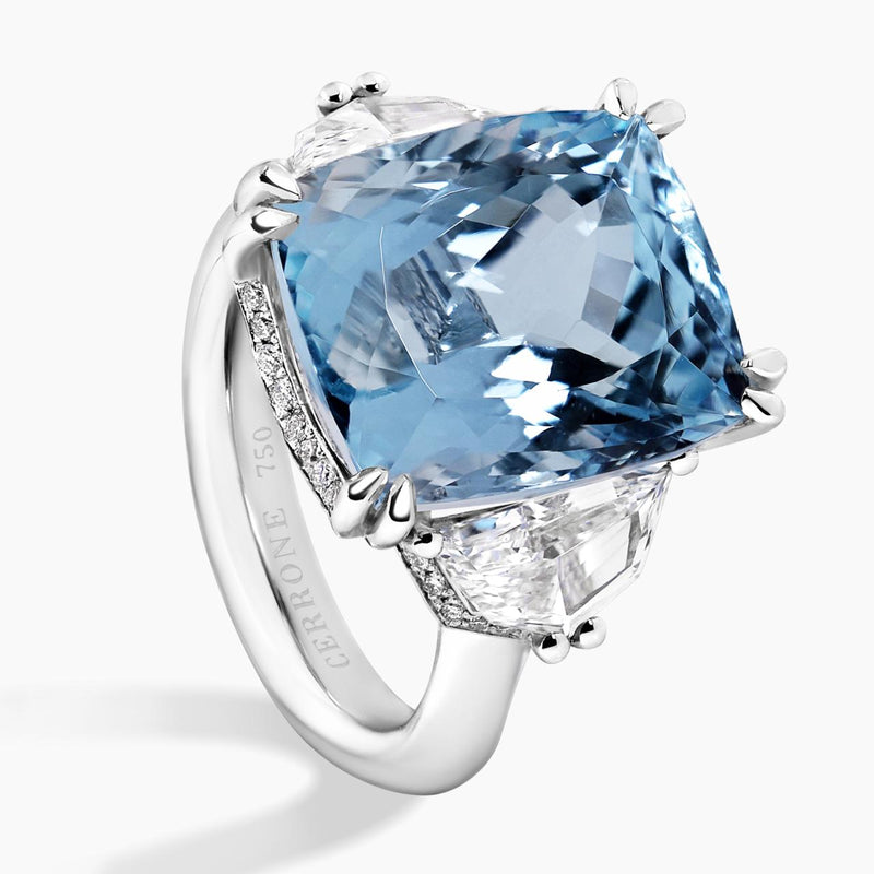 18ct white gold cushion cut aquamarine and diamond ring side view