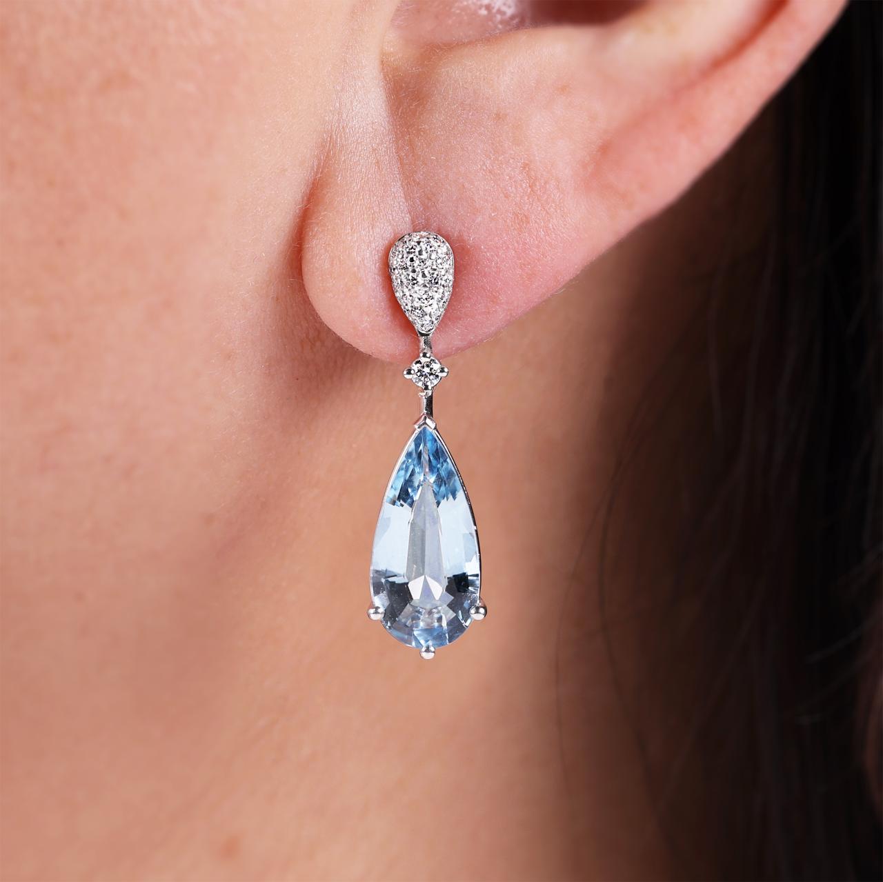 18ct white and rose gold pear shaped aquamarine, pear shaped morganite and round brilliant diamonds drop earrings
