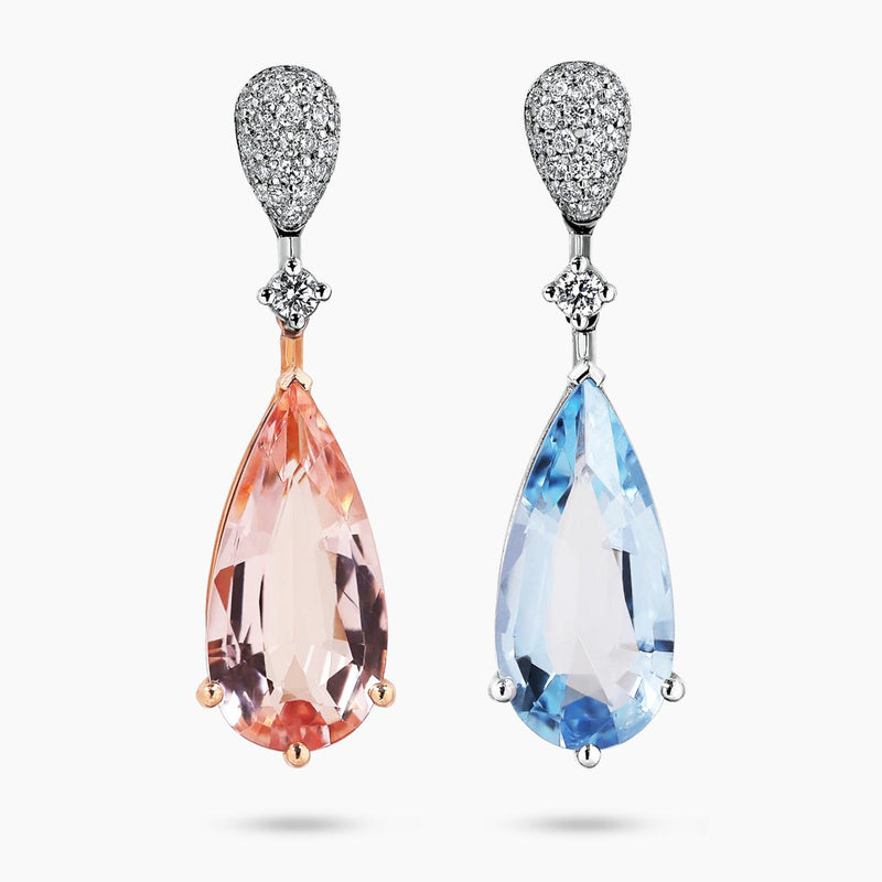 18ct white and rose gold pear shaped aquamarine, pear shaped morganite and round brilliant diamonds drop earrings