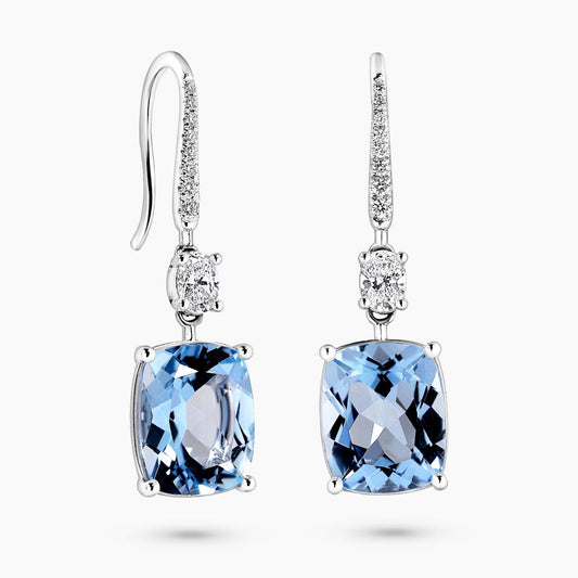 18ct white gold cushion cut aquamarine and diamond drop earrings