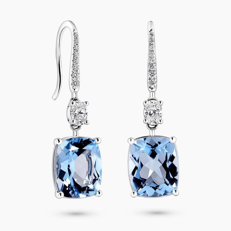18ct white gold cushion cut aquamarine and diamond drop earrings