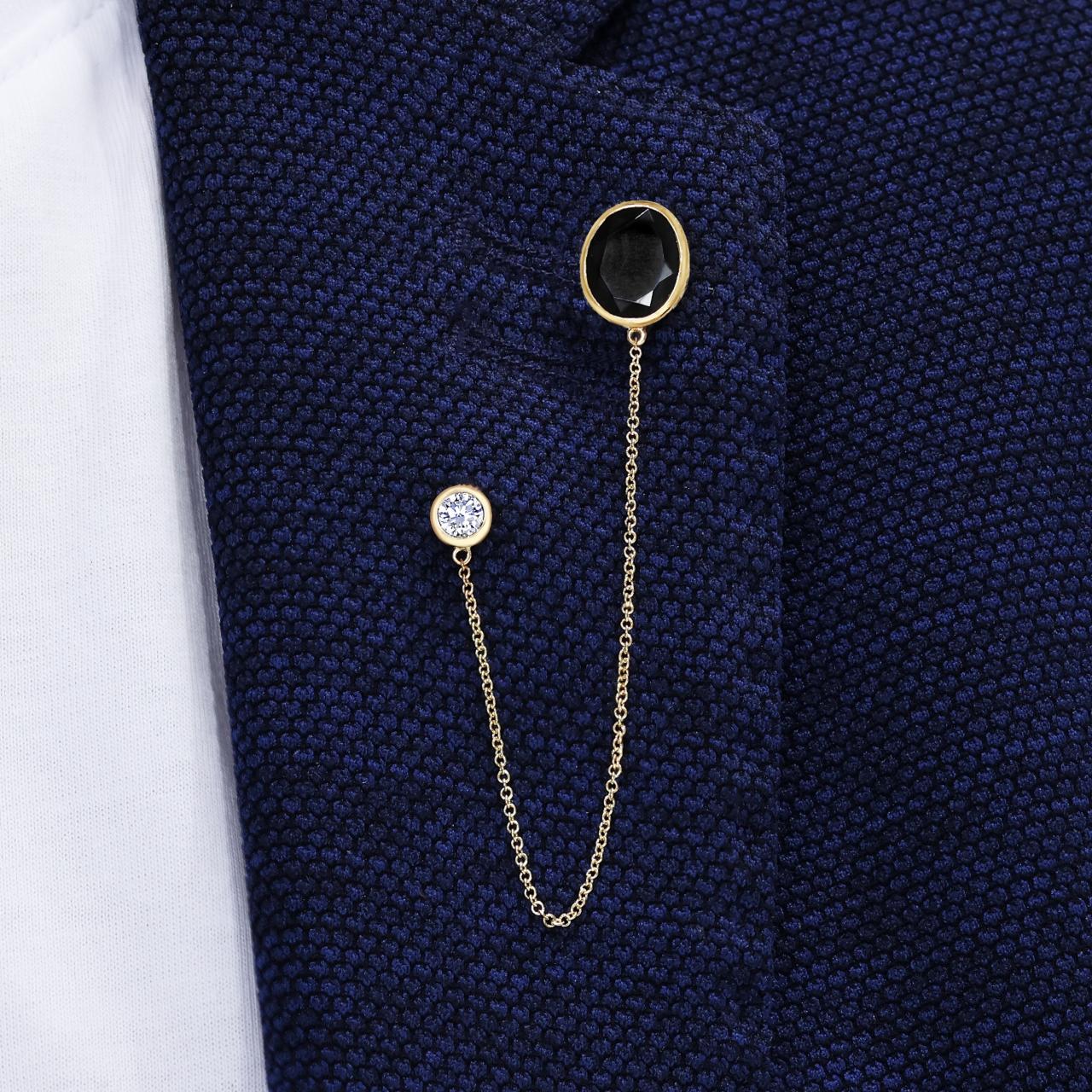 18ct yellow gold oval black spinel and round LAB Grown Diamond brooch