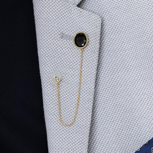 18ct yellow gold oval black spinel and round LAB Grown Diamond brooch