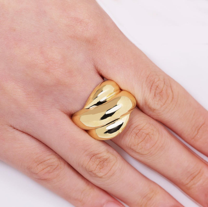 18ct yellow gold hollow fancy dome ring on the finger