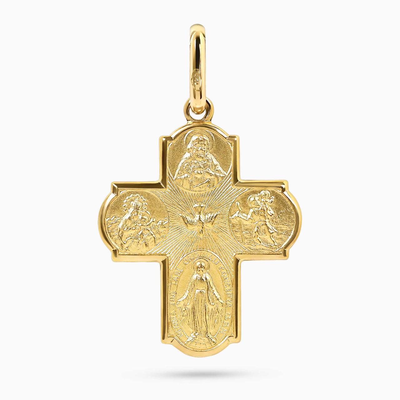 18ct yellow gold Sacred Heart Saint Joseph Saint Christopher Miraculous four way cross pendant