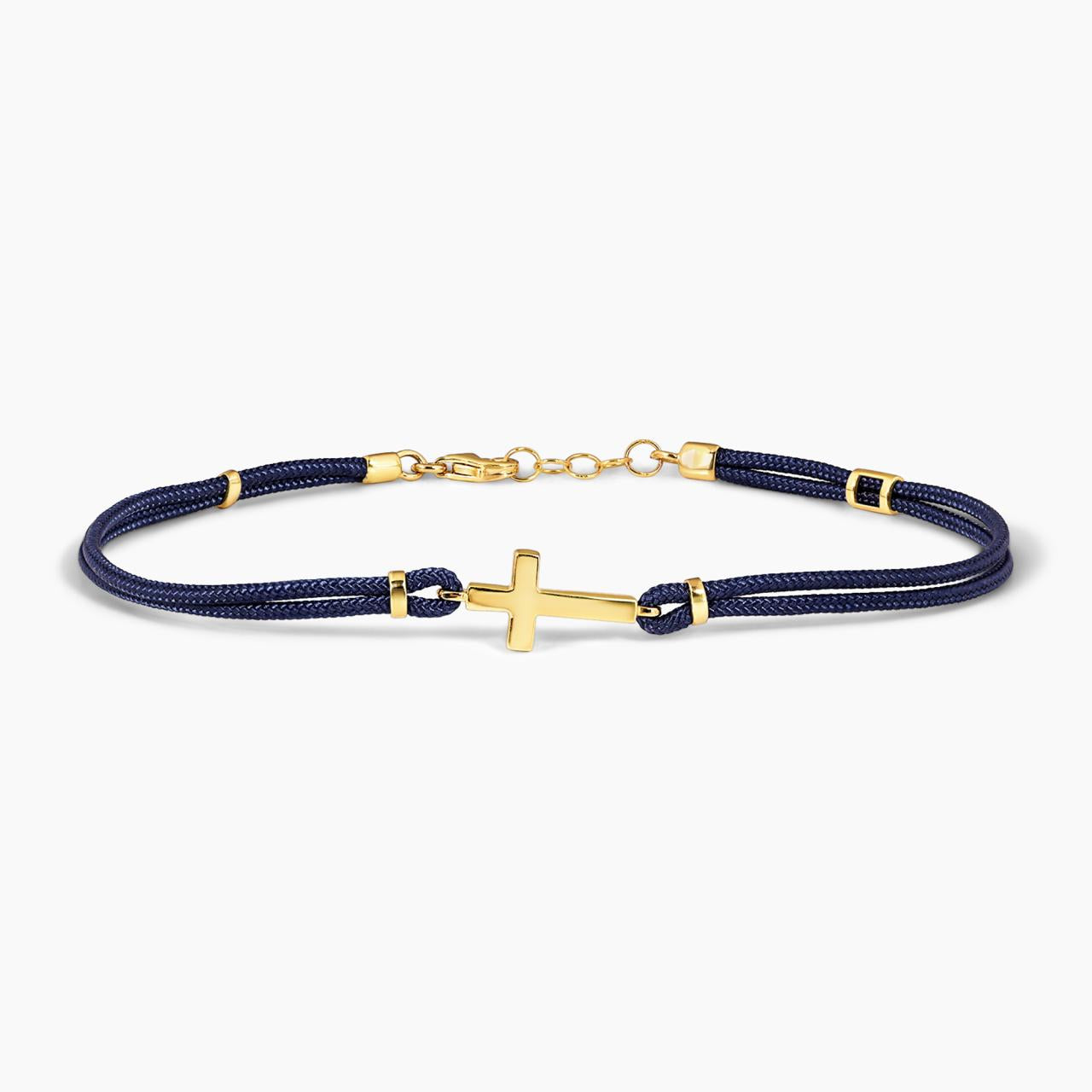 18ct yellow gold cross navy cotton rope bracelet