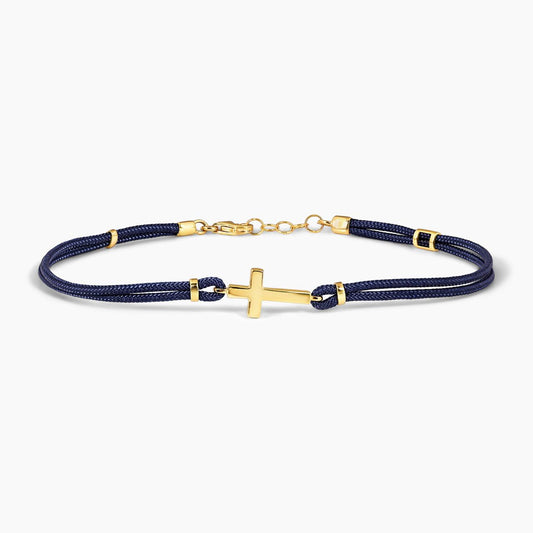 18ct yellow gold cross navy cotton rope bracelet