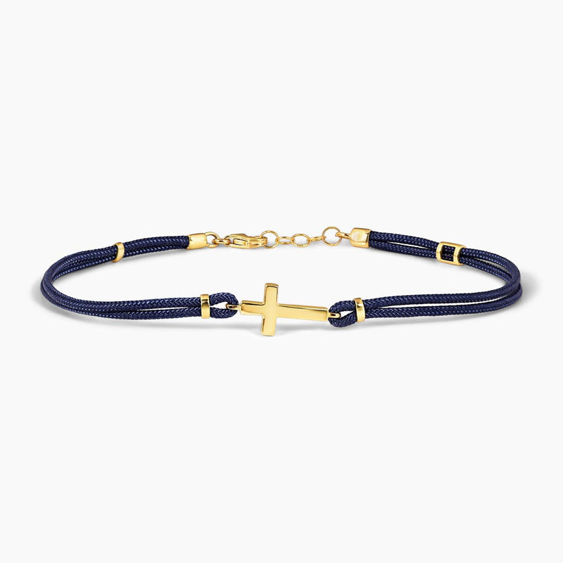18ct yellow gold cross navy cotton rope bracelet