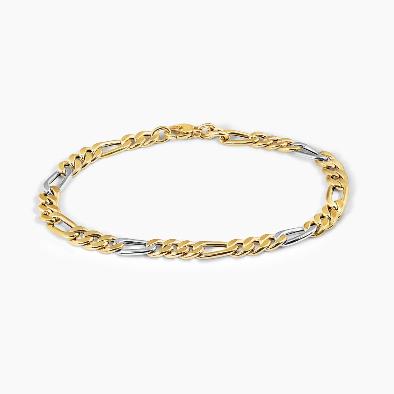 18ct yellow and white gold 21cm diamond cut figaro link bracelet
