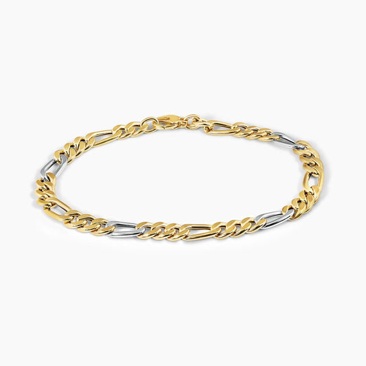 18ct yellow and white gold 21cm diamond cut figaro link bracelet