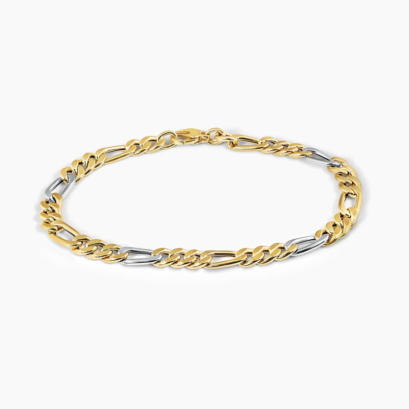 18ct yellow and white gold 21cm diamond cut figaro link bracelet