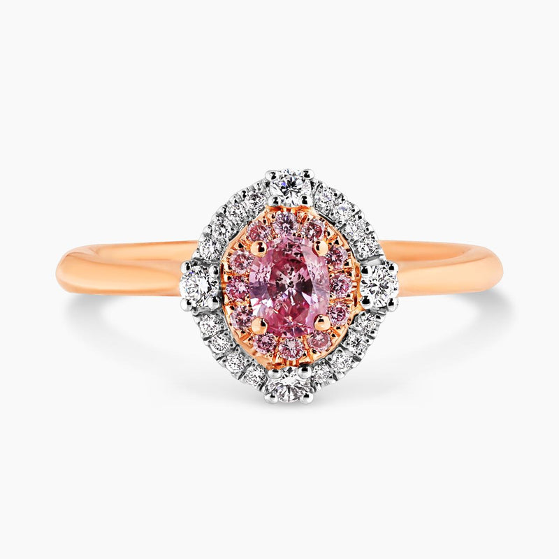 18ct rose and white gold oval shaped brilliant cut fancy intense purple pink diamond halo ring
