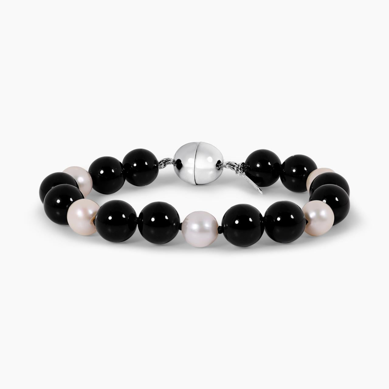 Fresh water pearl and onyx beads  single row bracelet ending with a silver magnetic clasp from the Carmela Cerrone Collection