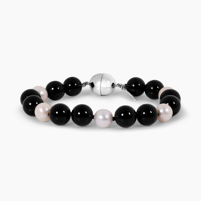 Fresh water pearl and onyx beads  single row bracelet ending with a silver magnetic clasp from the Carmela Cerrone Collection