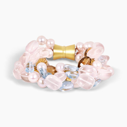 Aquamarine, Rose Quartz, Lemon Quartz beads and Fresh Water Pearls four rows bracelet