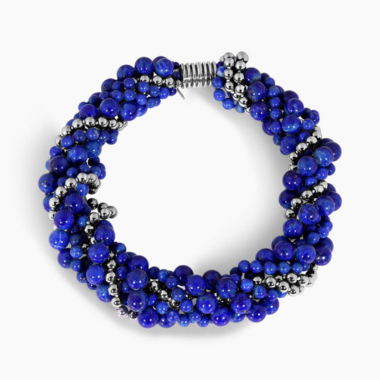 Blue lapis and silver plated hemitite beads bracelet ended with a silver magnetic clasp from the Carmela Cerrone Collection