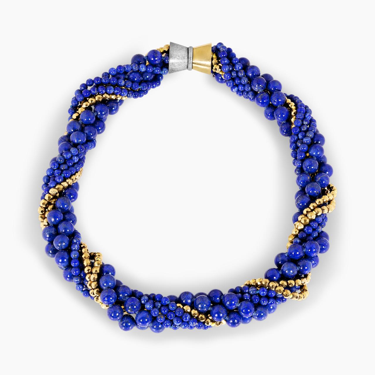 Blue lapis and gold plated hemitite beads bracelet ended with a gold plated silver magnetic clasp from The Carmela Cerrone Collection
