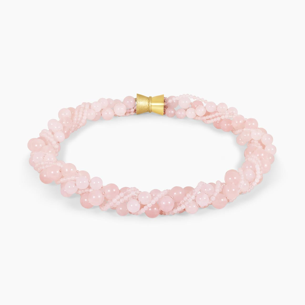 Rose quartz six row necklace ended with a gold plated silver magnetic clasp from the Carmela Cerrone Collection