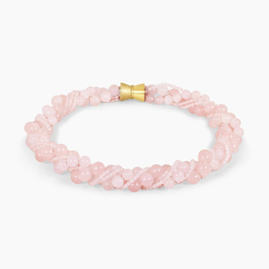 Rose quartz six row necklace ended with a gold plated silver magnetic clasp from the Carmela Cerrone Collection