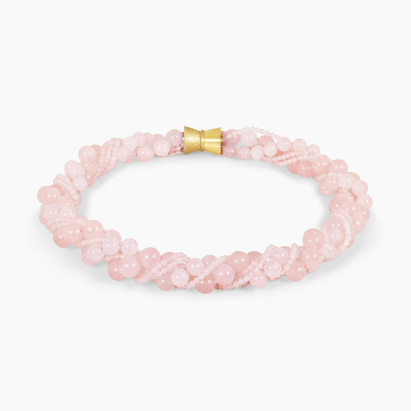 Rose quartz six row necklace ended with a gold plated silver magnetic clasp from the Carmela Cerrone Collection
