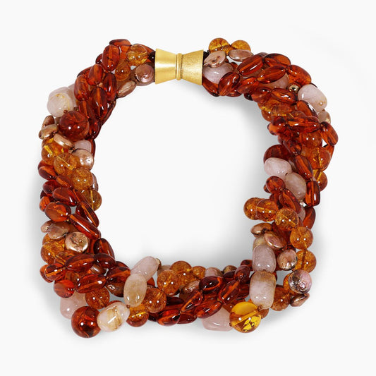 Peach colour coin fresh water pearls, yellow crystal  beads, with a mix of amber and gold plated hematite and golden rutile necklace ended with a gold plated silver magnetic clasp 