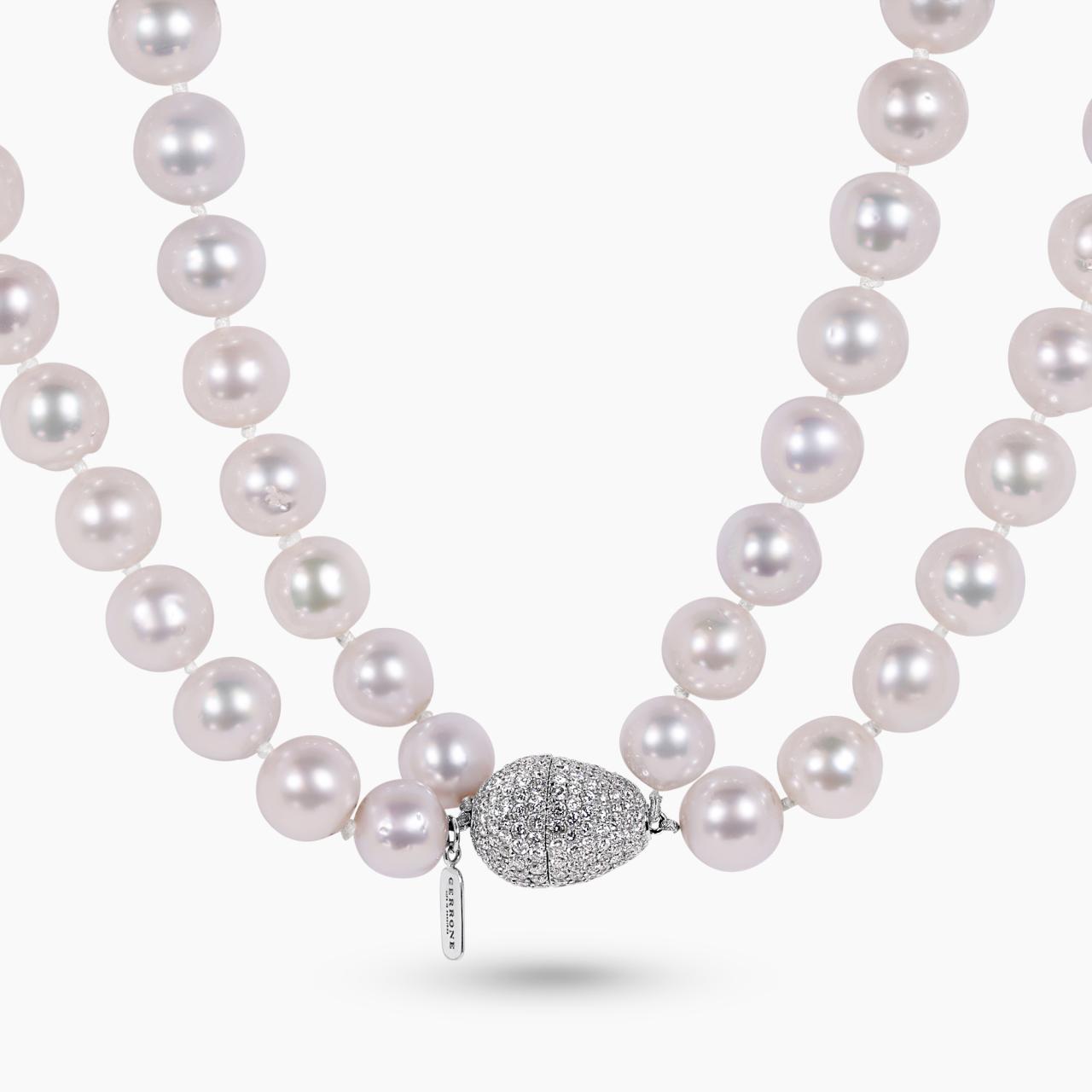 Two rows of 9-12mm south sea pearls necklace ended with 18ct white gold round brilliant cut diamonds clasp 