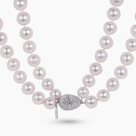 Two rows of 9-12mm south sea pearls necklace ended with 18ct white gold round brilliant cut diamonds clasp 