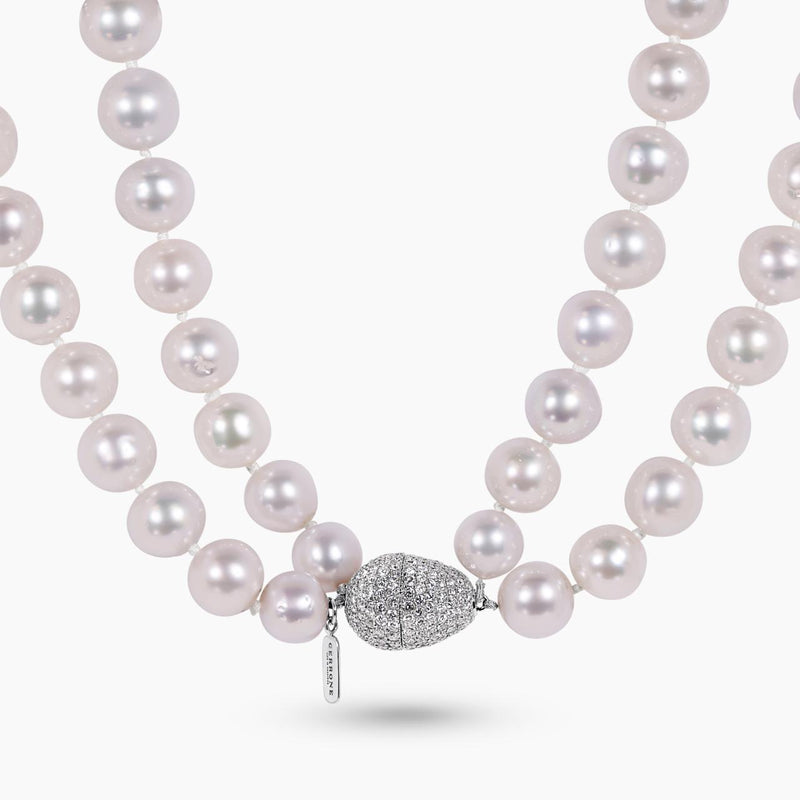 Two rows of 9-12mm south sea pearls necklace ended with 18ct white gold round brilliant cut diamonds clasp 